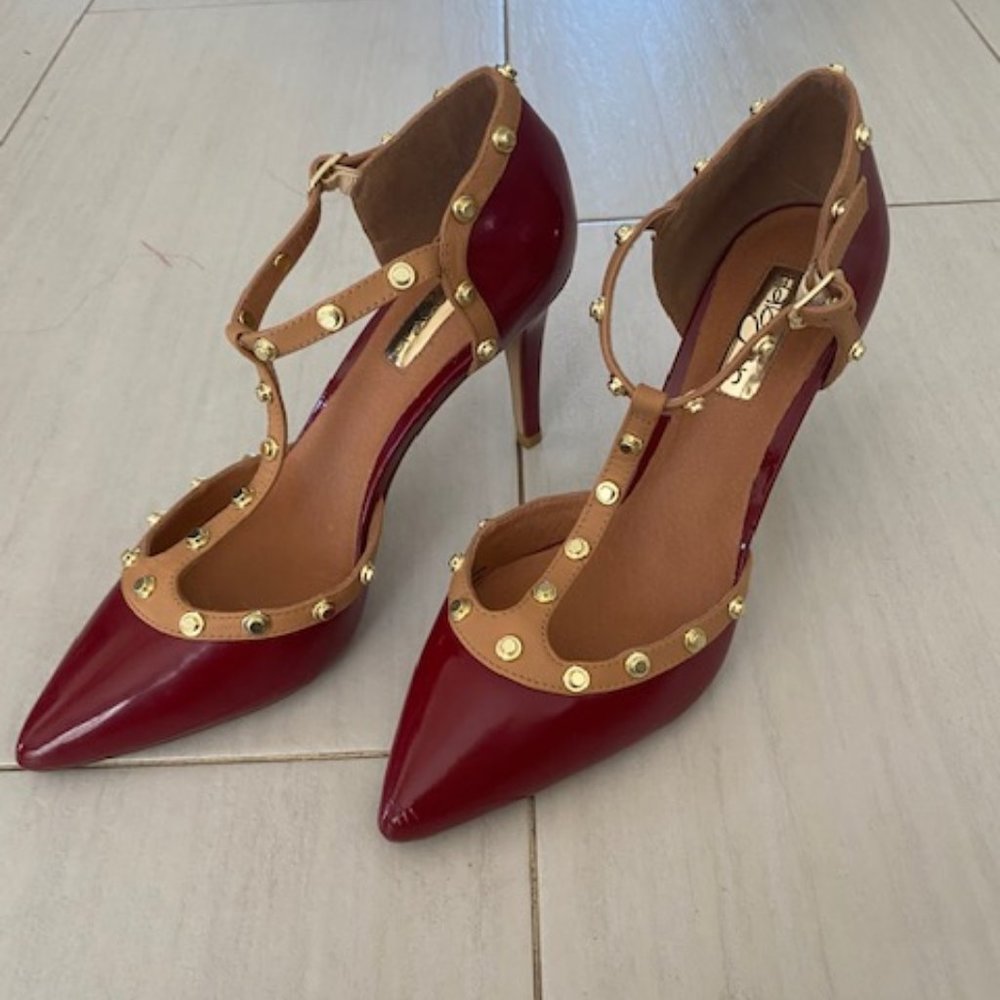 Halogen red-patent T-strap gold-studded heels